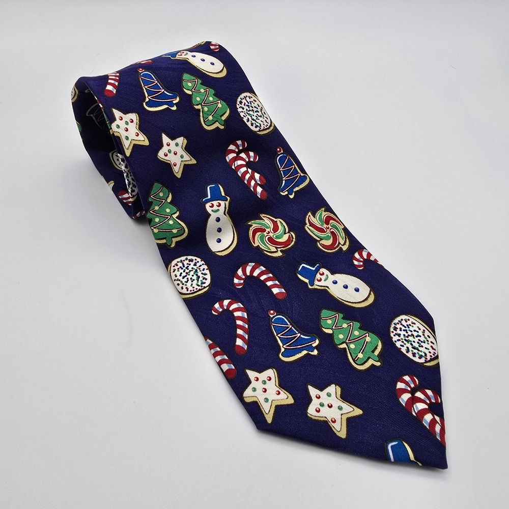 Keith Daniels Mens Christmas Cookie Holiday Necktie Navy Blue Snowman Tree